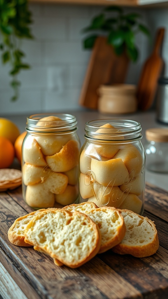 Two jars of golden brown bread on a wooden table with slices beside them.